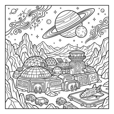Journey to a vibrant space colony with this engaging coloring page, perfectly crafted for seniors. Discover a detailed futuristic settlement complete with dome habitats, advanced vehicles, and breathtaking cosmic vistas, offering a relaxing and stimulating creative escape.