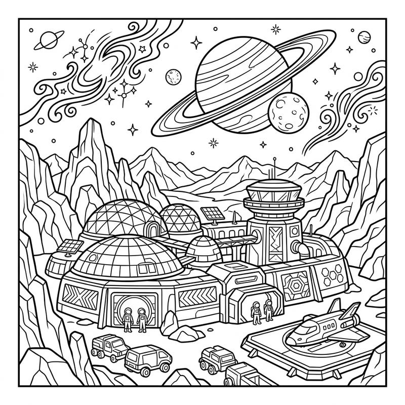 Journey to a vibrant space colony with this engaging coloring page, perfectly crafted for seniors. Discover a detailed futuristic settlement complete with dome habitats, advanced vehicles, and breathtaking cosmic vistas, offering a relaxing and stimulating creative escape.