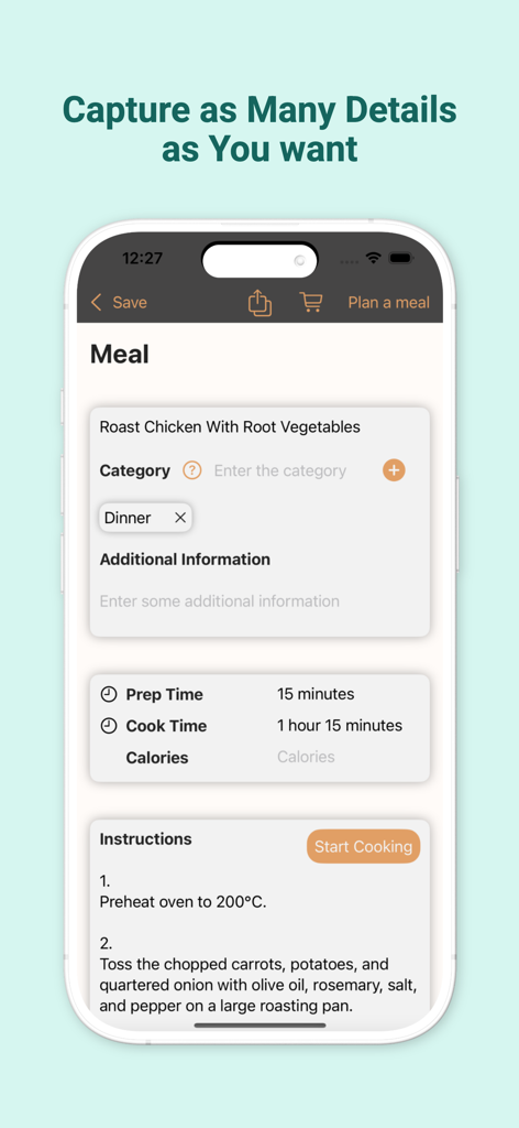 Meal Planner Family - Vue détaillée des recettes dans l'application Meal Planner Family montrant les instructions de cuisson et le temps de préparation.