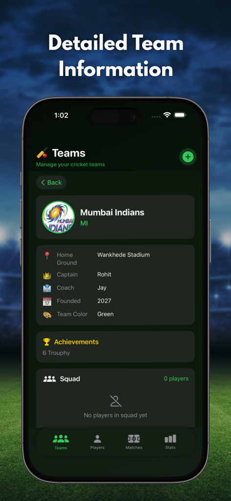 Detailed cricket team profile showing logo captain and stadium info