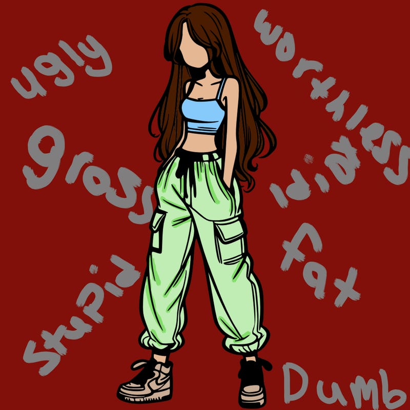 girl in baggy pants crop top and long hair