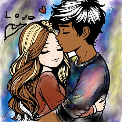 a realistic couple boy and girl hugging and kissing