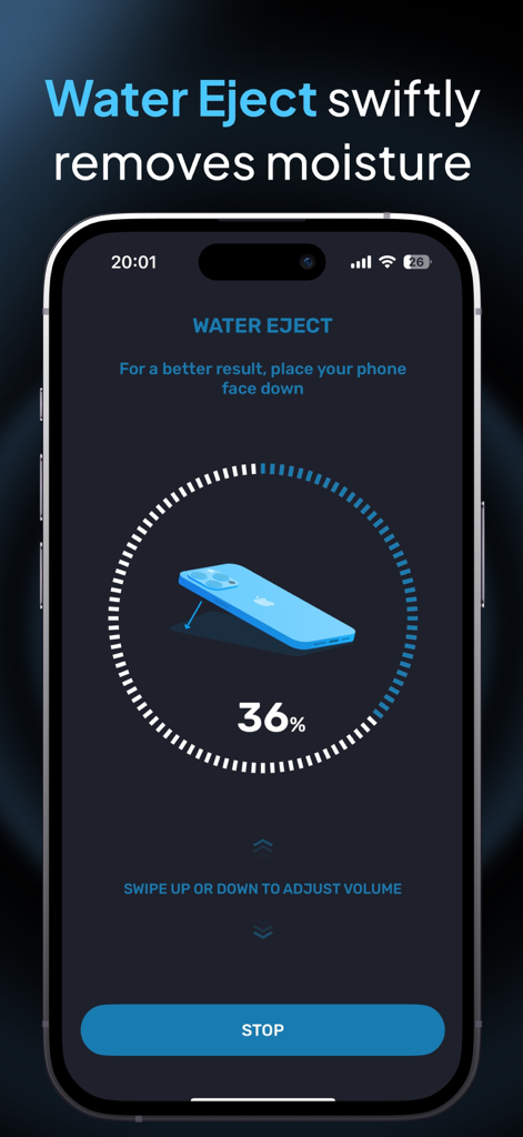 SoundBase ° Music Hearmark - Pantalla de iPhone que muestra la utilidad de expulsión de agua en la app SoundBase con un círculo de progreso e instrucciones para colocar el teléfono boca abajo.