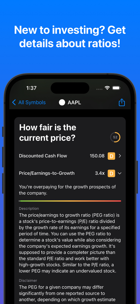 Stock Analyzer for Investing - La interfaz de la aplicación Stock Analyzer muestra la explicación de la ratio Precio/Beneficio a Crecimiento (PEG) para acciones de AAPL.