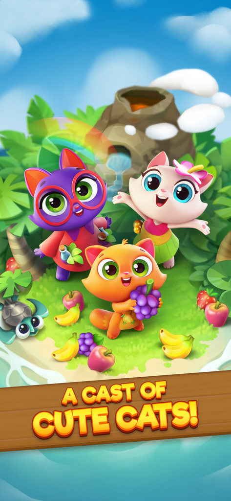 Three adorable cartoon cat characters standing on a lush tropical island with a volcano and various fruits in the background.