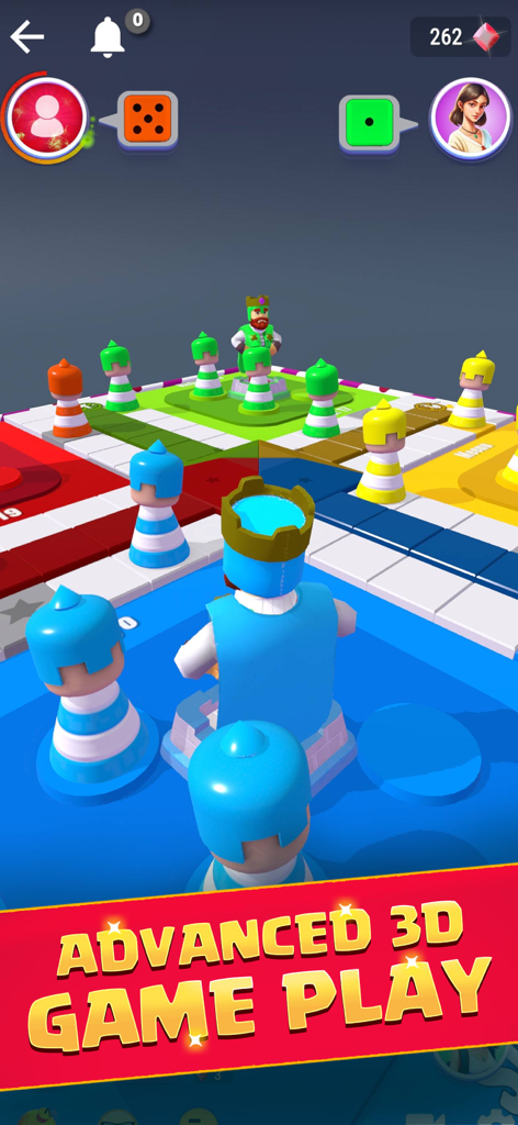 Ludo Royale: Dice Board Game - Una captura de pantalla que muestra un juego 3D avanzado en Ludo Royale con peones y tableros coloridos