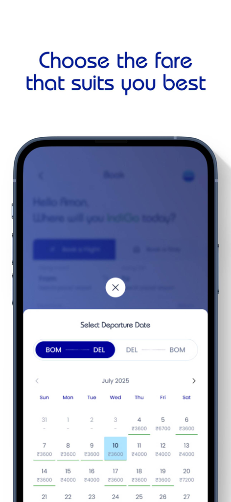 IndiGo: Flight Booking App - Bildschirm der IndiGo App, der einen Kalender mit täglichen Flugpreisen zur Auswahl eines Abflugdatums anzeigt.