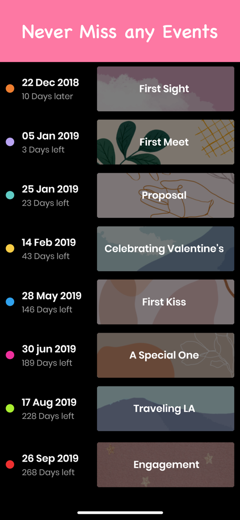 My Love-Relationship Countdown - A list of romantic milestones like first kiss and engagement with countdown dates in the My Love app