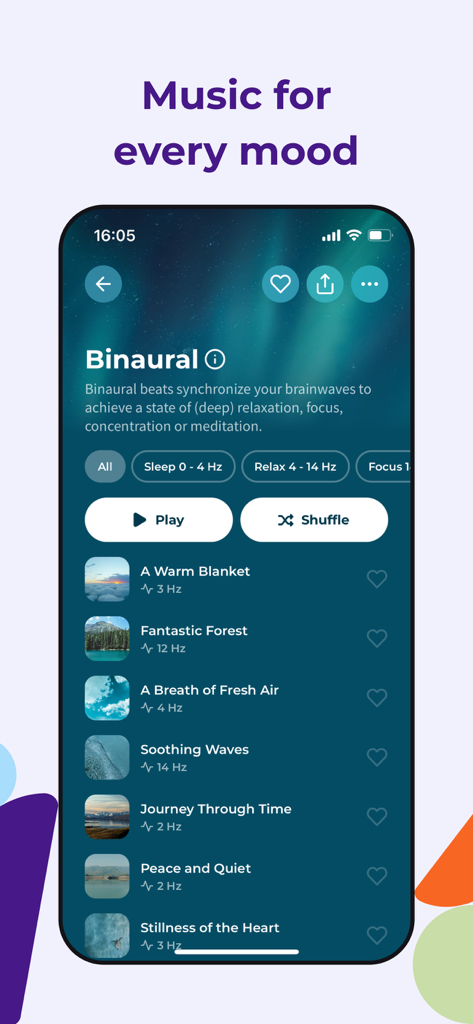 Smartphone-Bildschirm, der eine Playlist mit binauralen Beats-Musiktracks für Schlaf und Fokus in der Guided Meditation App zeigt