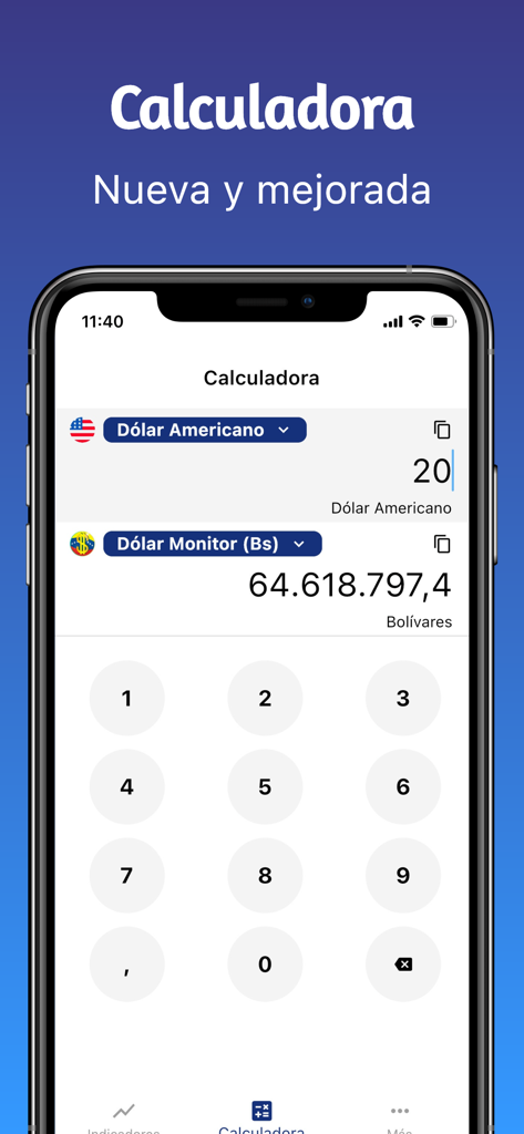 Pantalla de una aplicación móvil mostrando un convertidor de divisas de Dólares Estadounidenses a Bolívares Venezolanos con un teclado numérico.