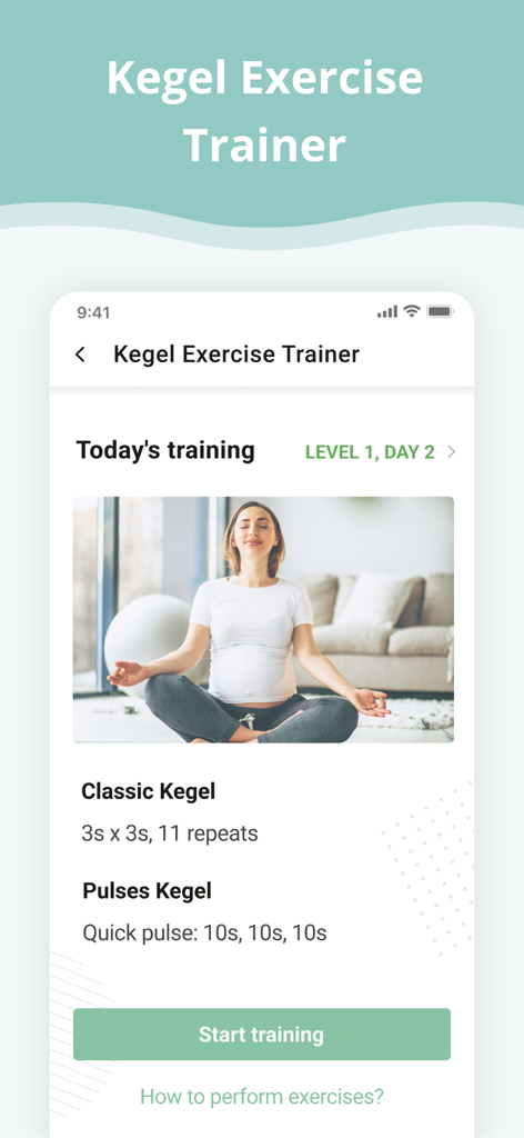 Pregnancy App. - Interfaccia del trainer per esercizi di Kegel per donne in gravidanza che mostra i dettagli dell'allenamento quotidiano
