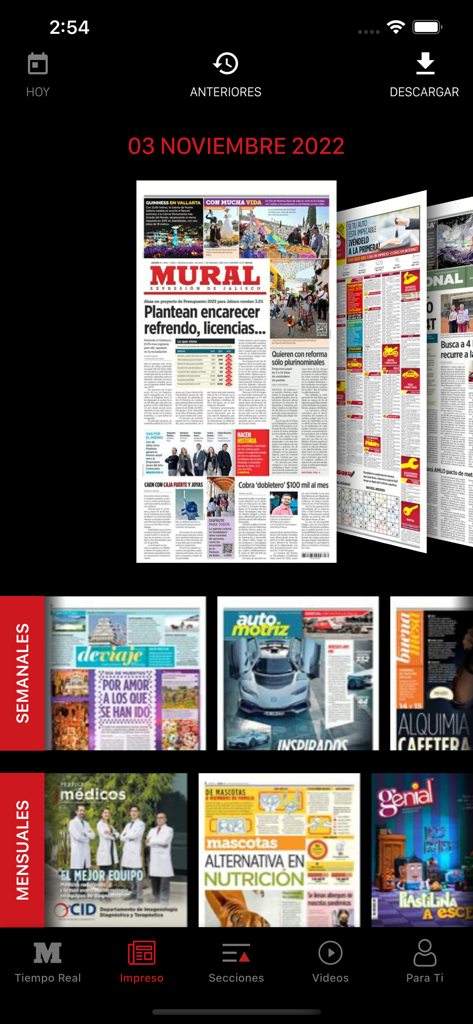 MURAL - Pantalla de la aplicación MURAL mostrando la versión digital de la edición impresa del periódico con suplementos semanales y mensuales.