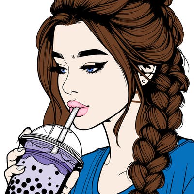 realistic girl drinking boba tea with braided hair