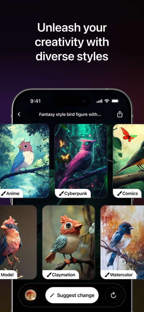 애니메이션, 사이버펑크, 수채화와 같은 다양한 예술 스타일의 AI 생성 새 이미지를 표시하는 모바일 앱 인터페이스