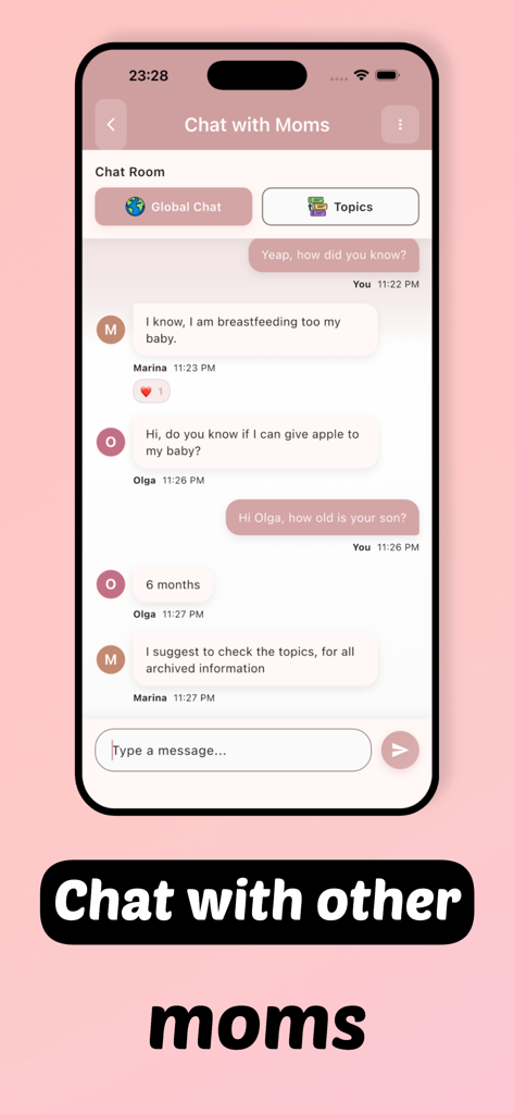 Interface of the My Avocado Baby Tracker app showing a community chat room where mothers discuss breastfeeding and baby feeding tips.