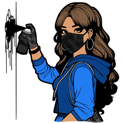 realistic girl with mask spray painting a wall
