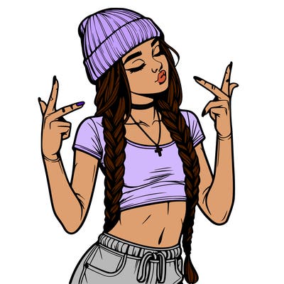 realistic teenage girl with braids and a beanie and crop top doing 🫶🏼