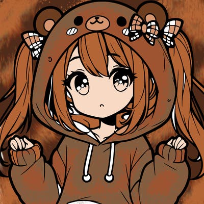 cute anime girl with ponytails and a cute bear hoodie
