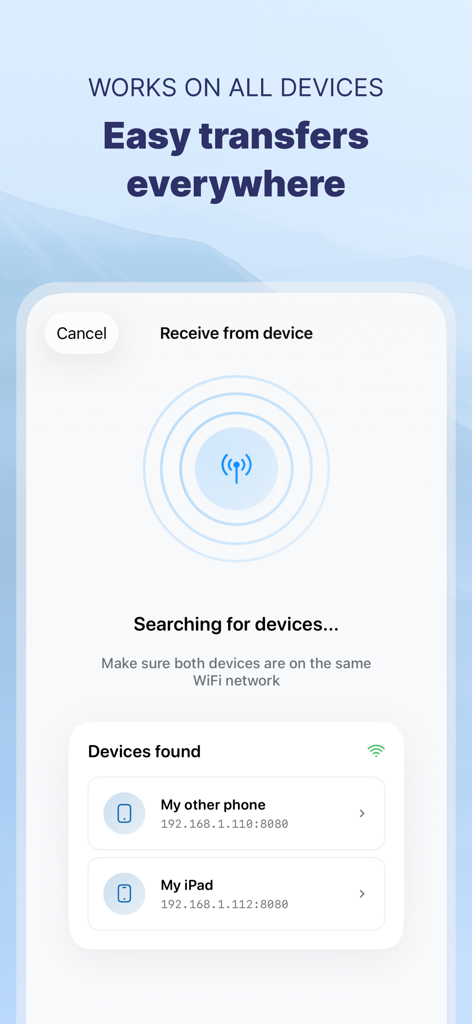 Smartphone screen showing the Photo Transfer app searching for and finding local devices via WiFi for easy file sharing.