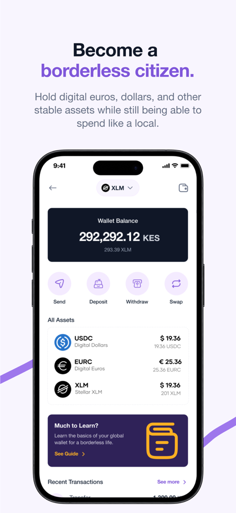 Peer - the everything app. - Peerアプリのダッシュボード。デジタルウォレットの残高とUSDCやEURCなどのグローバル資産が表示されています。