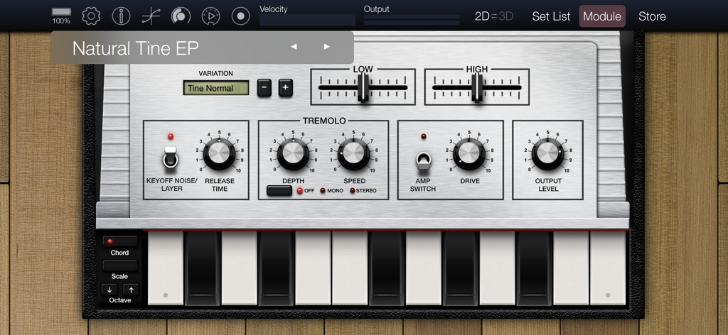 KORG Module Pro - Interfaz de usuario de la aplicación KORG Module Pro que muestra el motor de sonido de Piano Eléctrico Natural Tine con perillas de ajuste y un teclado en pantalla.