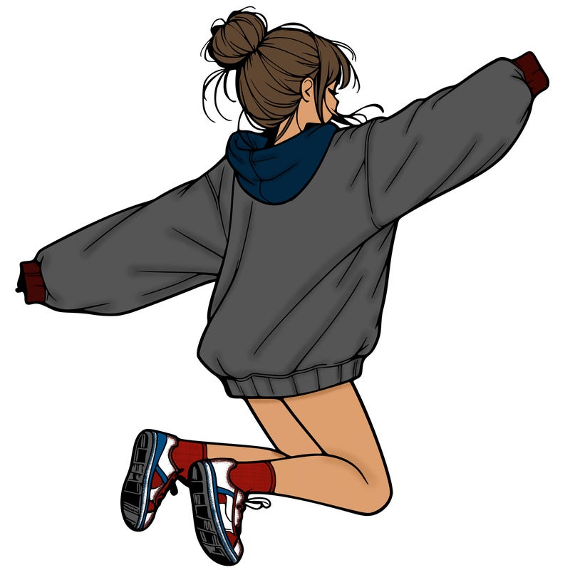 realistic girl jumping with a bun and oversized sweatshirt