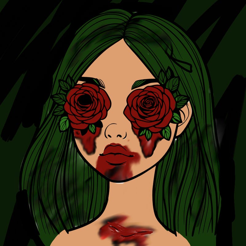 a realistic girl with roses for eyes