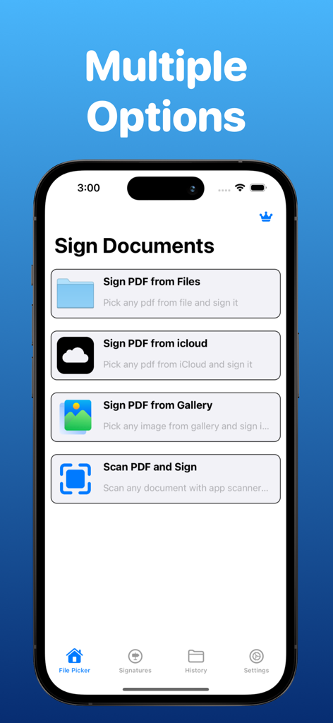 Signature Maker - eSign PDF - iPhone-App-Bildschirm mit mehreren Optionen zum Signieren von Dokumenten aus Dateien, iCloud, Galerie und Scanner
