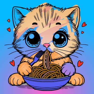 kitten with big eyes and small mouth eating spaghetti