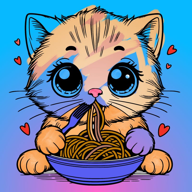 kitten with big eyes and small mouth eating spaghetti