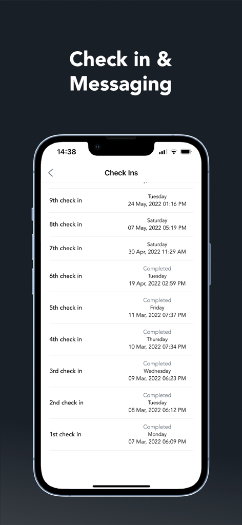 Fit Fast - Fit Fast app check-in screen showing a history of completed fitness coaching sessions