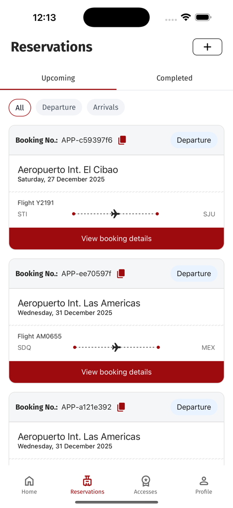 BeforeBoarding - Interfaz de la aplicación BeforeBoarding mostrando una lista de próximas reservas de salas VIP de aeropuerto.