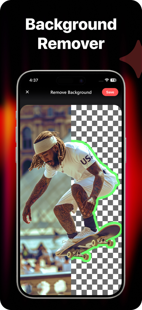 Interface de l'application Playground AI démontrant la suppression d'arrière-plan sur une photo d'un skateur.
