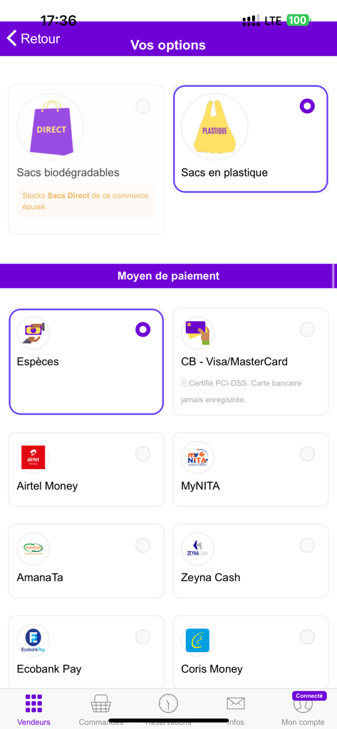 Direct GO - Direct GO 앱의 결제 방법 및 가방 선택 화면에 해외 신용카드 및 현지 모바일 머니 옵션이 표시됩니다.