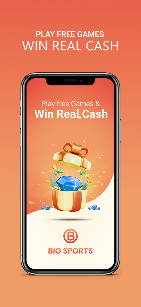 Big Sports mobile app promotional screen featuring the slogan Play Free Games Win Real Cash and a gift box with rewards