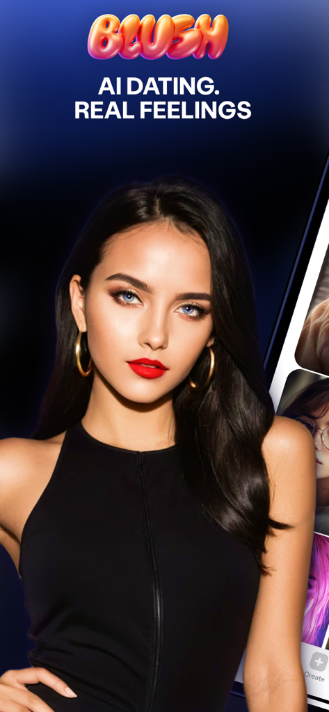 Blush: AI Dating Simulator - Promotional screen for Blush AI Dating Simulator featuring a virtual female character and the slogan AI Dating Real Feelings.