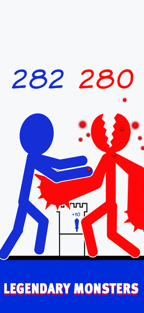 Stick figure battle in Mighty Party with hero and enemy power levels