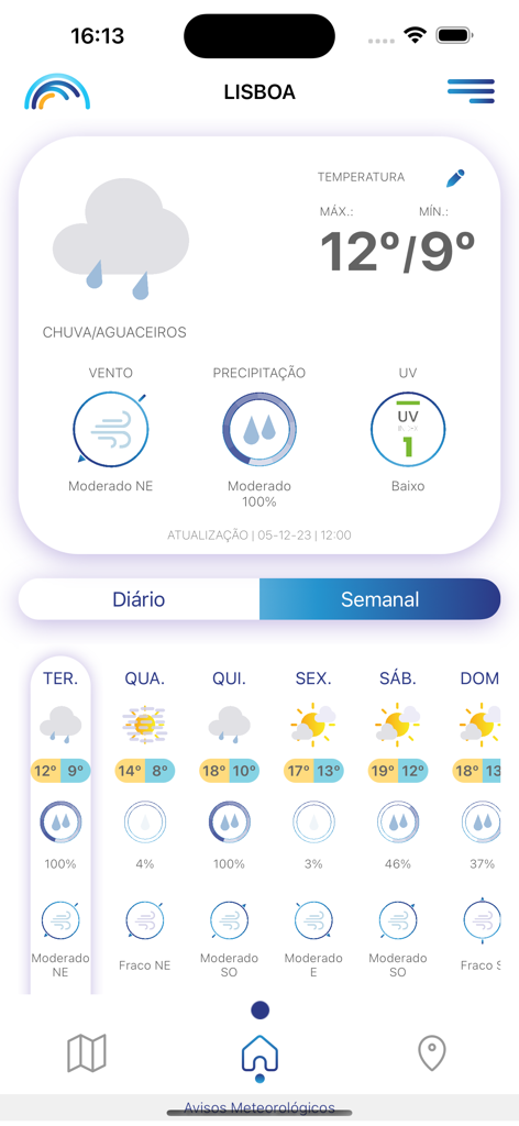Meteo IPMA - Meteo IPMA mobile app interface showing a rainy weather forecast for Lisbon with weekly temperature and precipitation details.