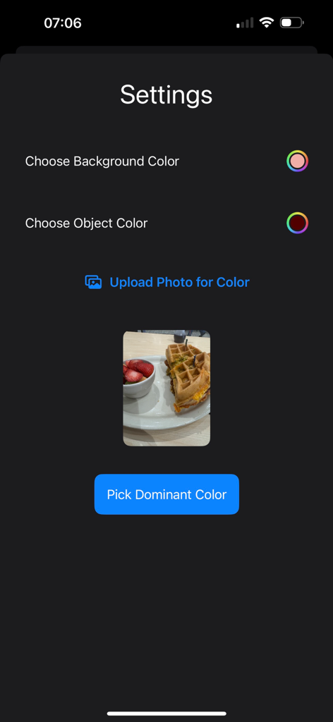 3D STL/OBJ Viewer - Pantalla de configuración de la aplicación Visor 3D STL/OBJ que muestra opciones para elegir colores de fondo y de objeto con una función de carga de fotos para seleccionar colores dominantes