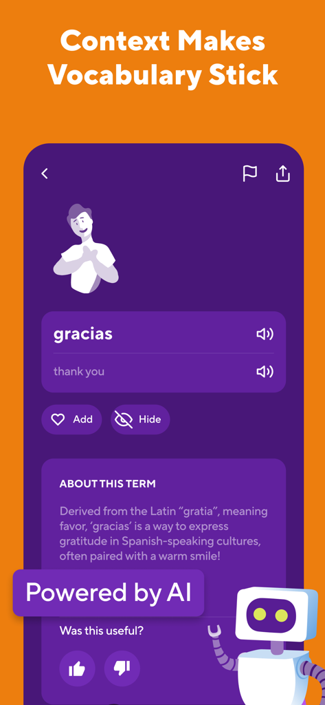 Capture d'écran de l'application Drops montrant le mot espagnol « gracias » accompagné d'une explication, générée par l'IA, de son origine et de son utilisation.