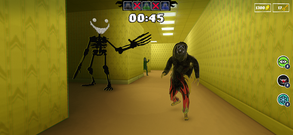 A scary skeletal monster chasing a player through a yellow backroom maze.