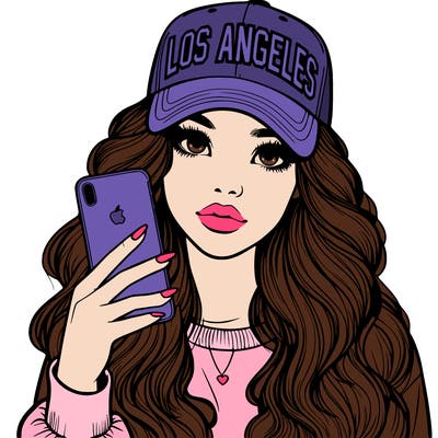 realistic beautiful girl wearing los ángeles cap holding an iphone