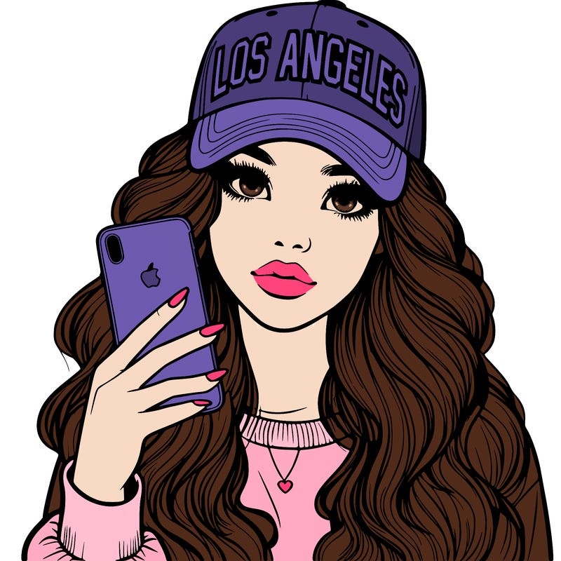 realistic beautiful girl wearing los ángeles cap holding an iphone