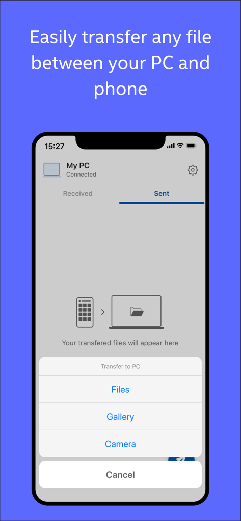 Intel Unison mobile app showing file transfer options to a connected PC