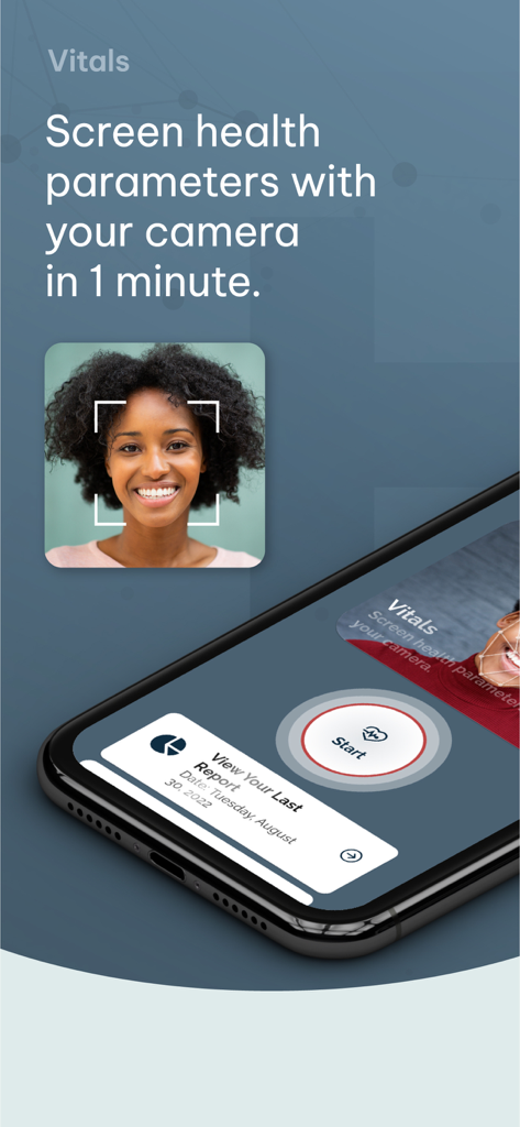Syntro-P - A smartphone screen showcasing the Syntro-P app feature to screen health vitals using the camera in one minute.