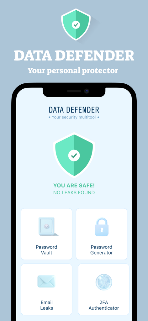 DataDefender: Keep your data - Interfaz de la aplicación DataDefender en un iPhone que muestra el panel de control de la bóveda de contraseñas, el generador, el escáner de brechas de correo electrónico y el autenticador 2FA.