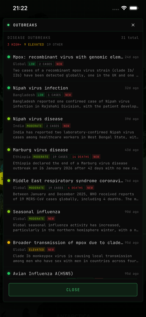 Global disease outbreak monitor showing virus alerts and severity levels in a dark tactical interface