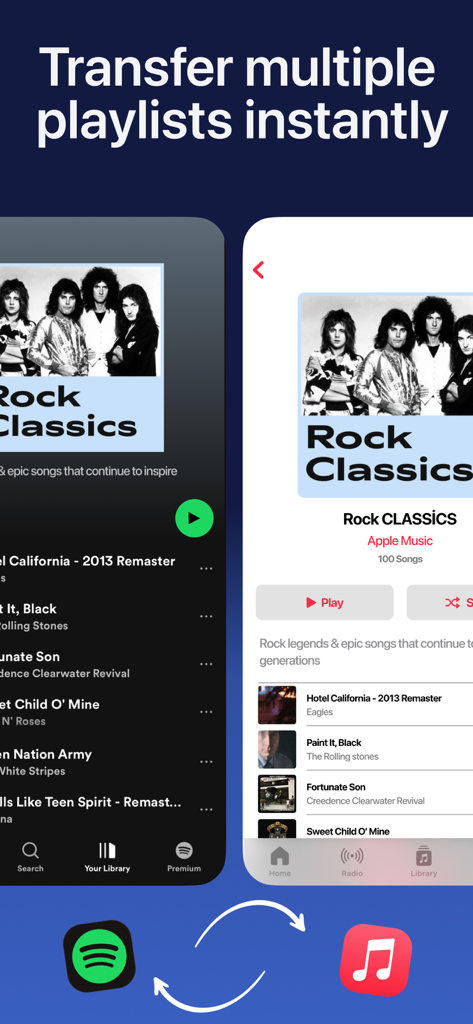 Interface showing the transfer of a Rock Classics playlist from Spotify to Apple Music