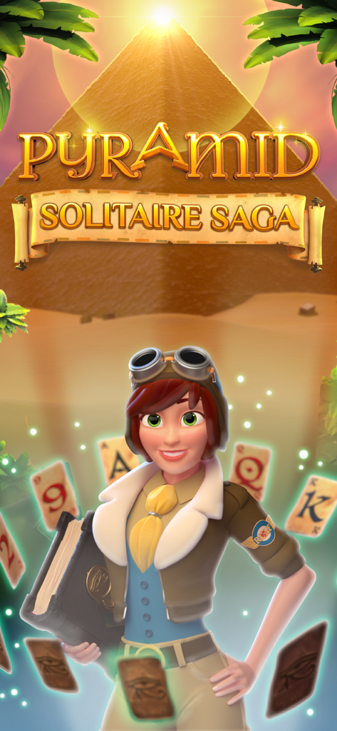 Pyramid Solitaire Saga title screen featuring Helena the explorer in front of ancient Egyptian pyramids