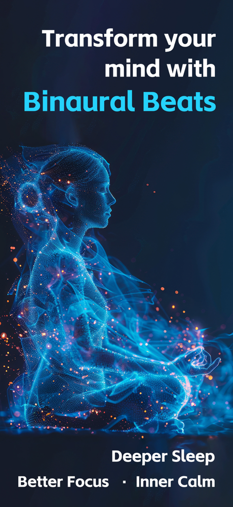 Binaural Beats: Sleep & Focus - Una silueta digital azul brillante de una persona en pose de meditación que representa la optimización de las ondas cerebrales para el sueño y la concentración